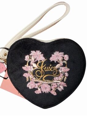 Juicy Couture Juicy In Bloom Heart Coin Purse Cherry Blossom Black Pink Wristlet